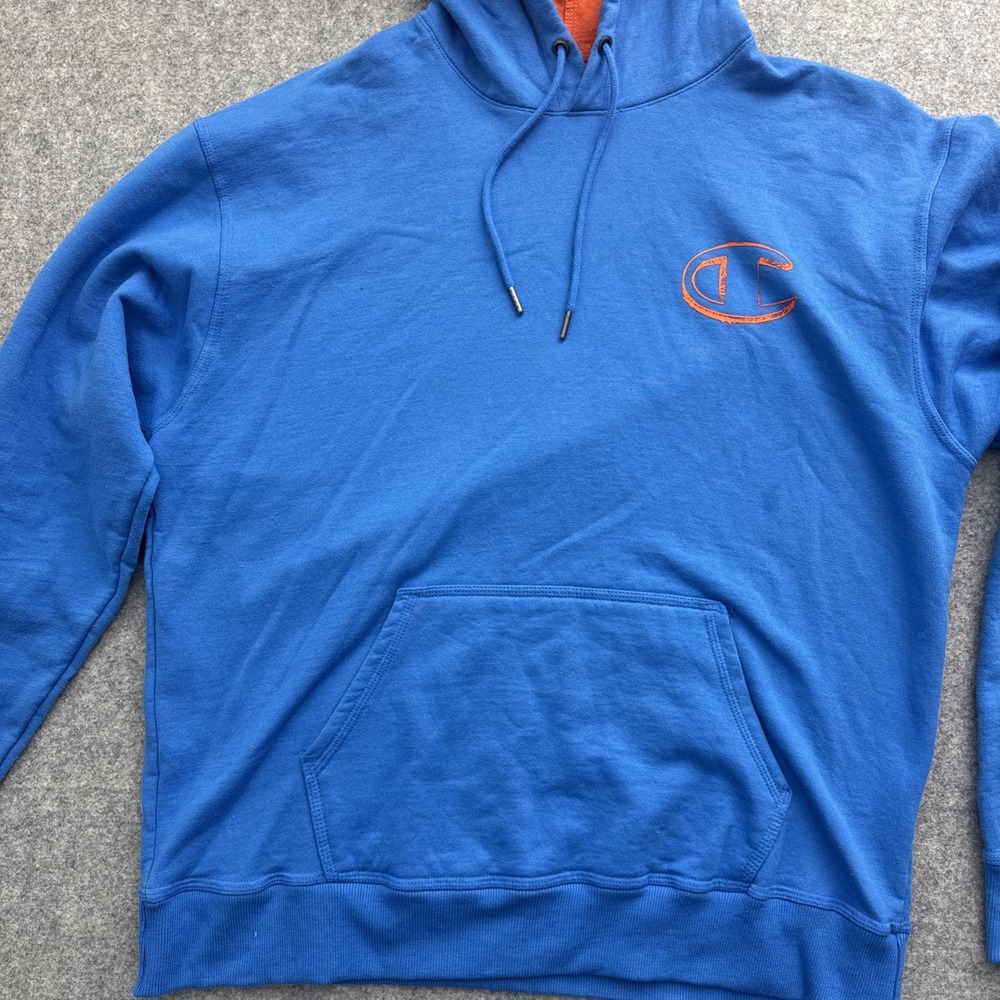 Champion Men's Blue Pullover Hoodie Size XL Graphic Print Logo Orange Highlights - Picture 4 of 12